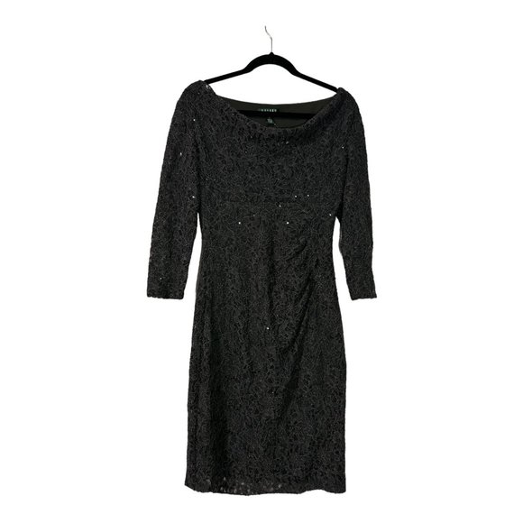 Ralph Lauren Size 8 Long Sleeve Sequin Lace Ruffle Cocktail Dress - Picture 4 of 8